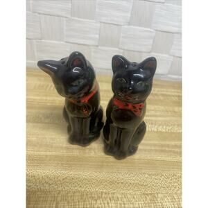 VTG Shafford Japan Black Cat 1950’s Redware Salt & Pepper Green Eyes Red Bows
